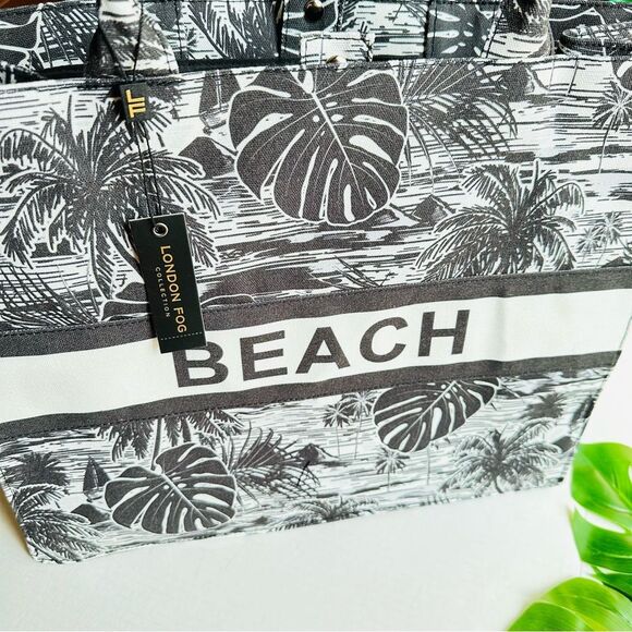 London Fog Beach Canvas Tote Bag - Black & White Tropical Palm NEW Ltd Edition - Picture 9 of 12